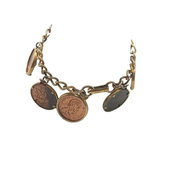 Canada 1969 1 Cent Coin Charm Chain Bangle Bracelet Gold Tone Vintage - Picture 4 of 8